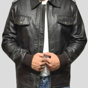Men’s Casual Black Leather Bomber Jacket