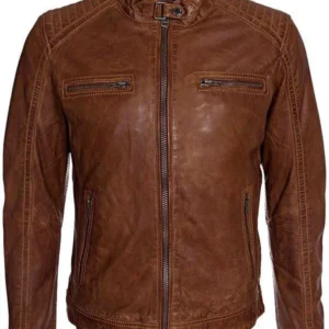 Mens Waxed Sheepskin Fashion Leather Jacket Elegant Brown