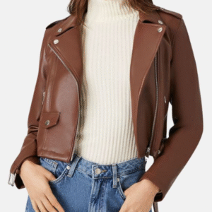 Women’s Brown Cropped Motorcycle Leather Jacket