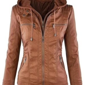 Women’s Hooded Real Leather Jacket Slim Fit Zip Up