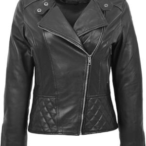 Womens Real Leather Biker Jacket Cross Zip Standing Collar